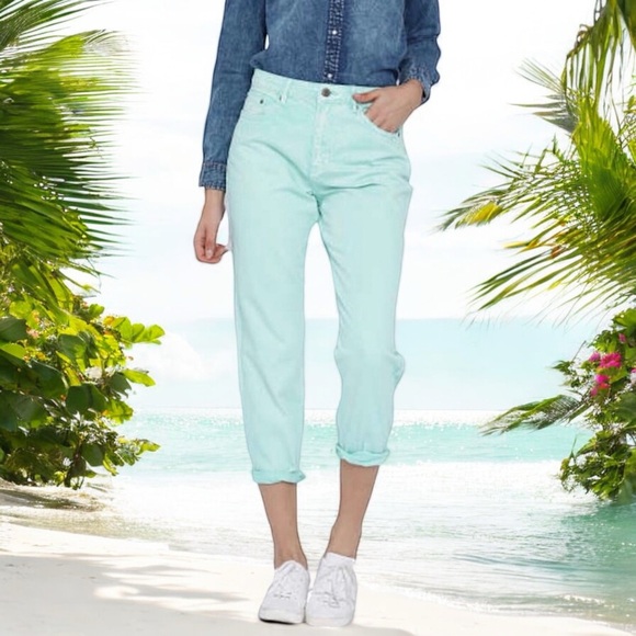 Forever 21 Premium Stone Wash Light Fade Teal Mom Fit Ankle Crop Denim - Picture 4 of 16